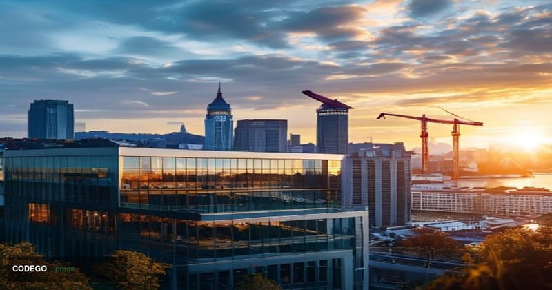 A cinematic editorial photograph showcasing the Swiss financial landscape transformation. The foreground features a modern gl
