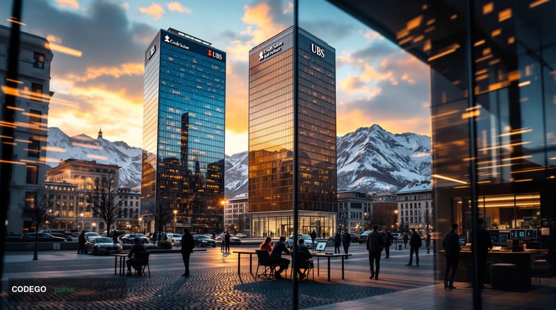 A cinematic editorial photograph of the iconic Swiss financial district in Zurich, featuring the gleaming towers of Paradepla