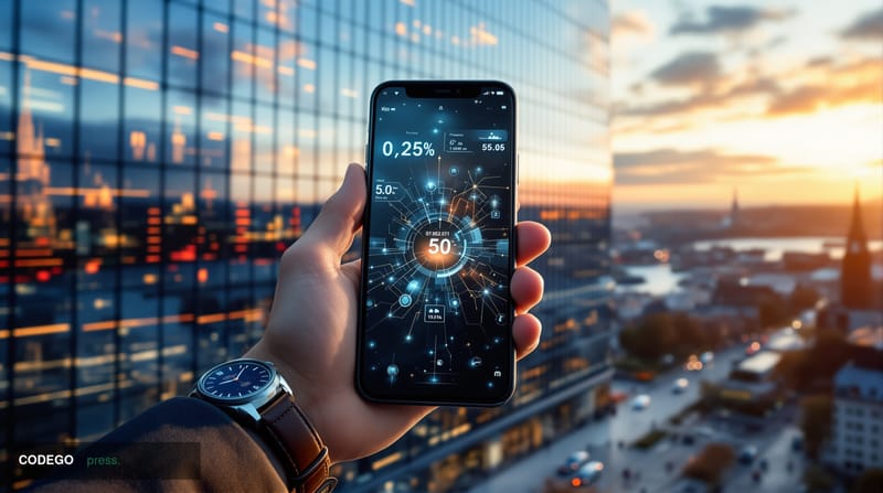 A photorealistic editorial photograph capturing the Swiss fintech landscape with neon's modern digital banking headquarters i