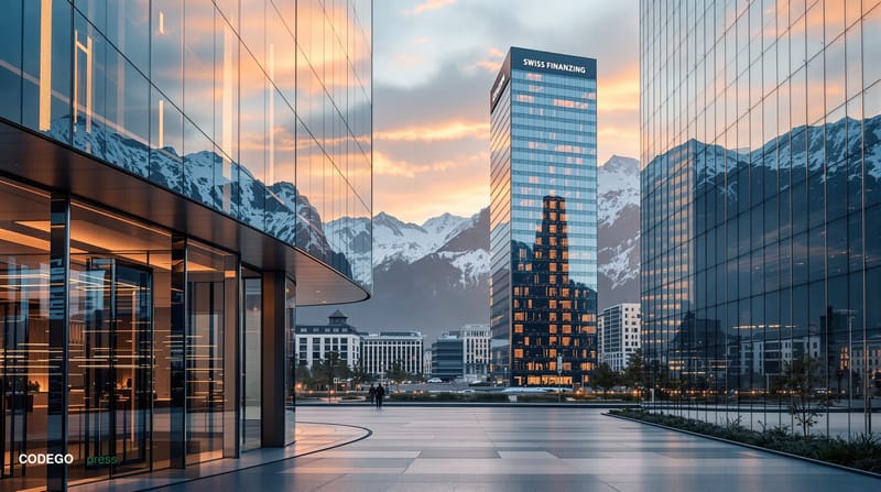 A photorealistic editorial photograph of the Swiss financial district in Zurich, featuring modern glass office towers reflect