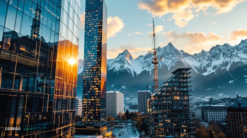 A cinematic editorial photograph showcasing the Swiss financial district in Zurich with its iconic modern banking towers and 