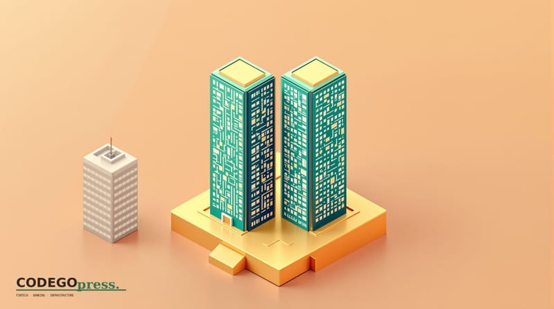 Flat 3D isometric vector editorial illustration. Banking-green primary (#1A6B43), cream background, gold and navy accents. Ce