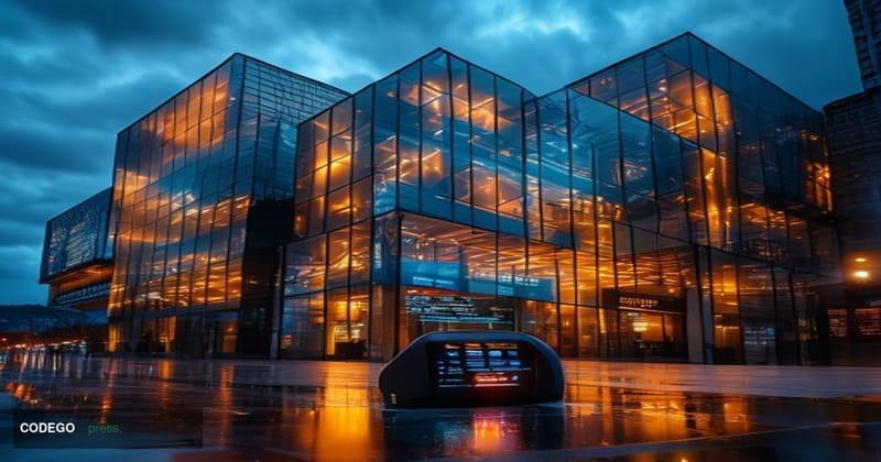 A photorealistic cinematic editorial photograph showing Sygnum's modern Swiss banking headquarters in Zurich, shot from a low