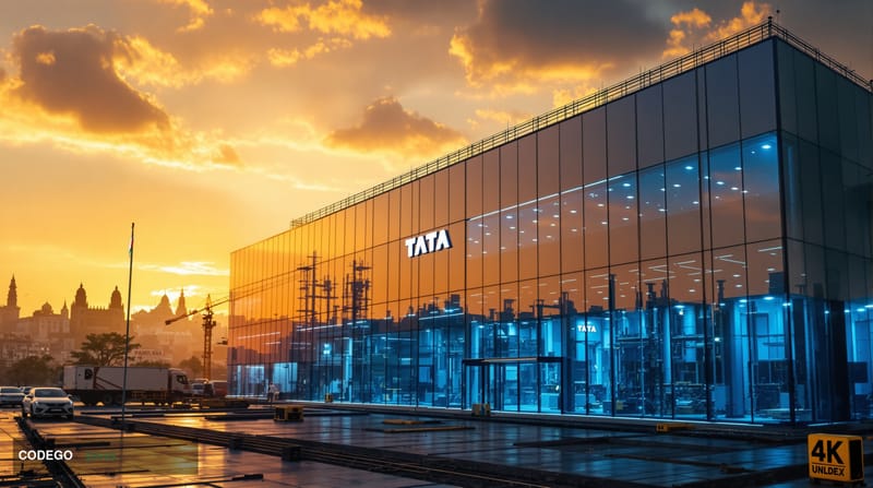 A cinematic editorial photograph of a modern semiconductor fabrication facility under construction in India, featuring distin