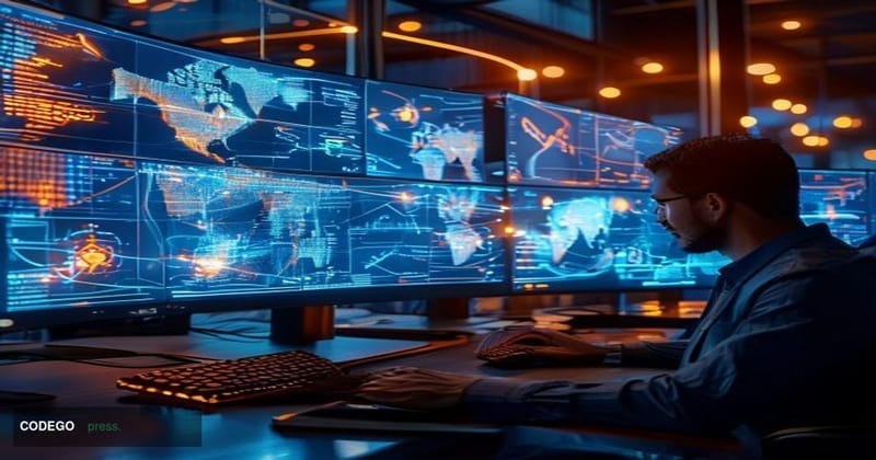 A photorealistic 8K editorial photograph showcasing a modern fintech office environment with multiple monitors displaying glo