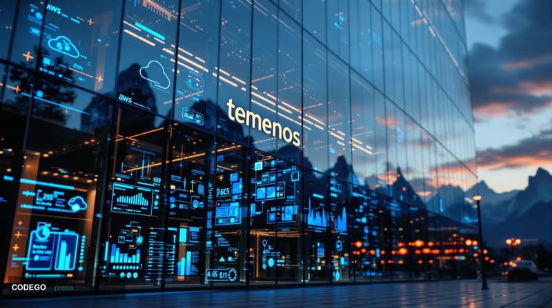 <A photorealistic editorial photograph showcasing the intersection of cloud technology and modern banking infrastructure. The