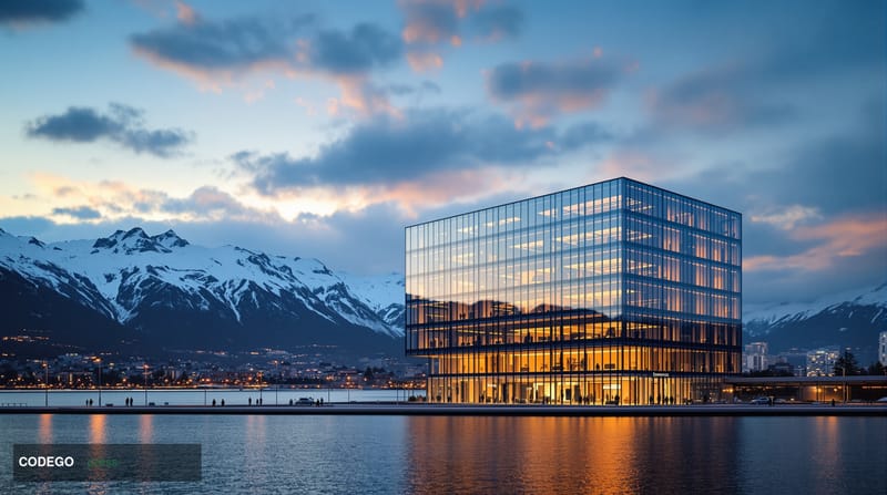 A photorealistic editorial photograph of Temenos headquarters in Geneva, Switzerland, showcasing the modern glass and steel c