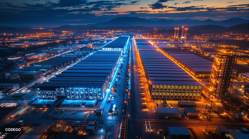 A dramatic aerial view of TeraWulf's industrial data center facility at dusk, showcasing rows of server buildings with distin