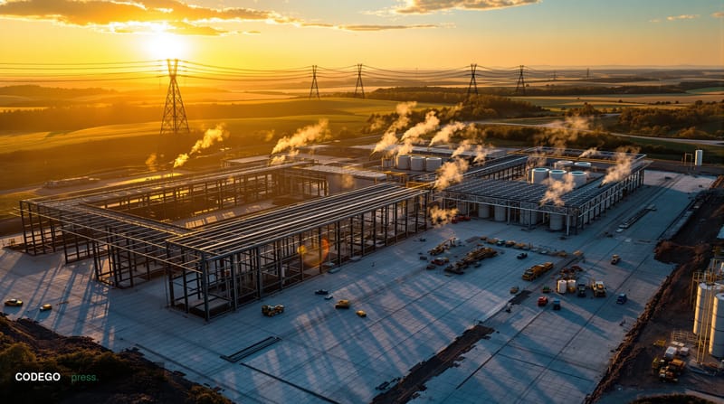 A cinematic editorial photograph of a modern industrial data center complex in rural Kentucky, captured during golden hour wi
