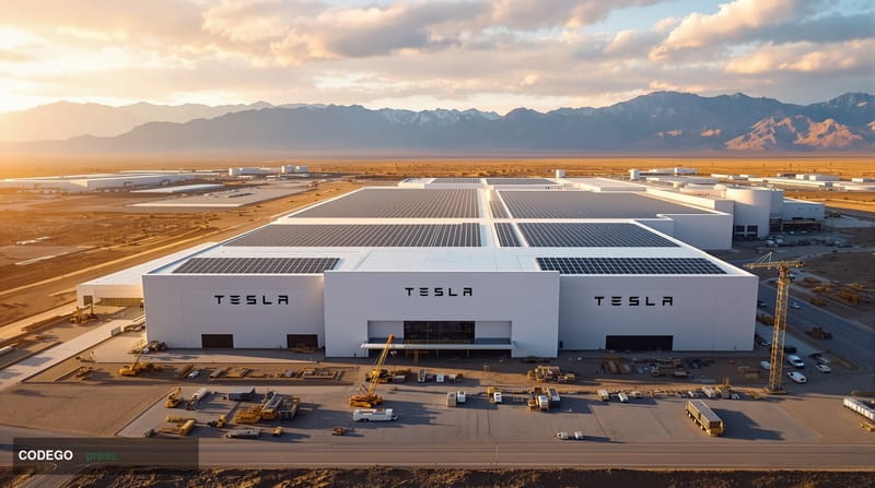A sweeping aerial view of Tesla's Gigafactory complex in Nevada at golden hour, with the recognizable white angular architect