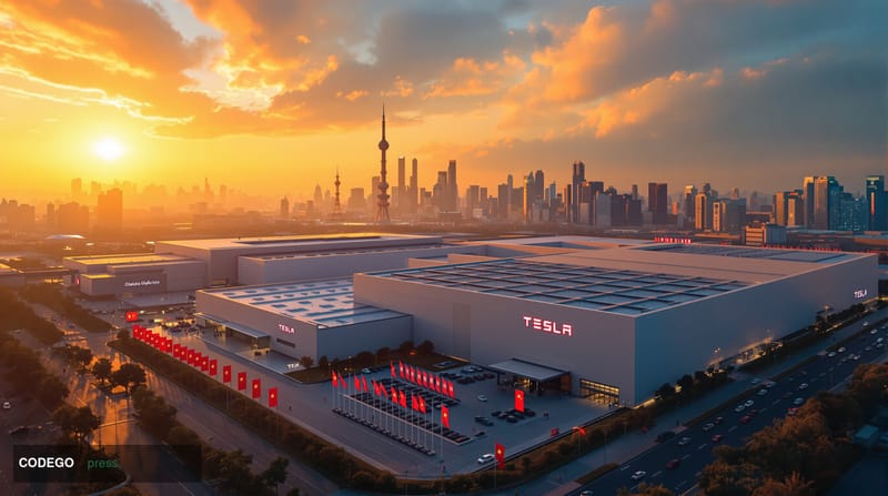 A dramatic cinematic aerial view of Tesla's Shanghai Gigafactory at golden hour, with the distinctive white and red Tesla log