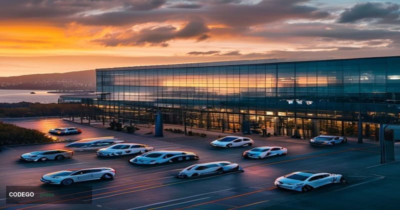 A cinematic editorial photograph showcasing Tesla's Fremont manufacturing facility exterior at golden hour, with the recogniz