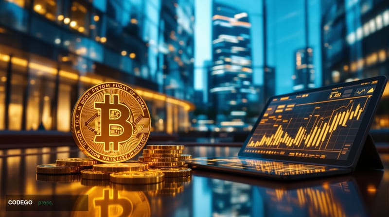 A cinematic editorial photograph capturing the convergence of traditional finance and cryptocurrency through a dramatic archi