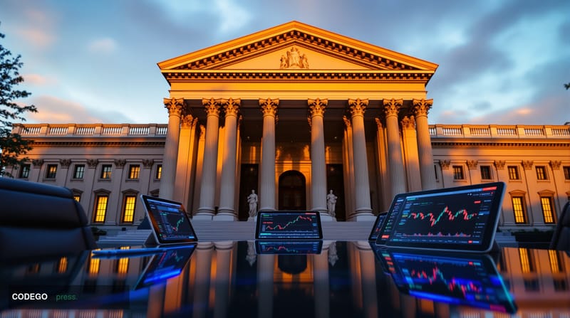 A photorealistic editorial photograph capturing the tension between digital finance and traditional monetary policy. The scen