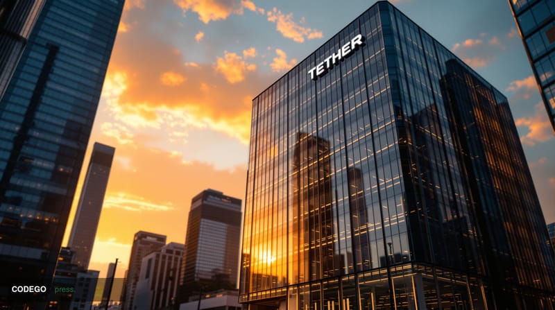 A dramatic photorealistic editorial photograph showcasing the Tether headquarters building in a modern financial district, sh