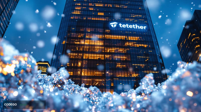 A dramatic photorealistic editorial scene depicting Tether's headquarters building in the British Virgin Islands or Hong Kong