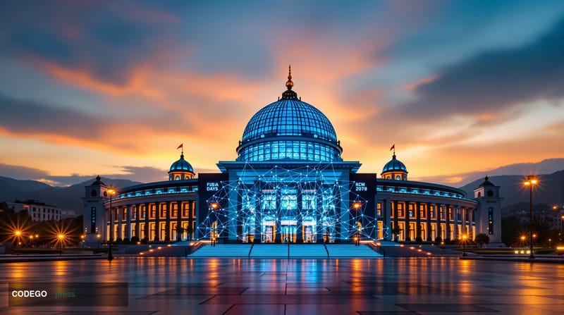 A cinematic editorial photograph showcasing the Georgian Parliament building in Tbilisi with its distinctive glass dome and m
