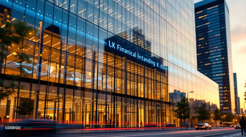 A dramatic photorealistic editorial photograph showing the sleek glass facade of Tether's corporate headquarters in the Briti