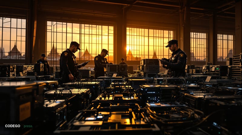 A dramatic photorealistic editorial photograph showing Thai law enforcement officers in tactical gear examining seized Bitcoi