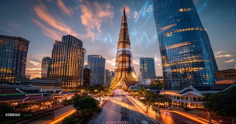 A cinematic editorial photograph showcasing Bangkok's modern financial district with the iconic Mahanakhon Tower and sleek gl