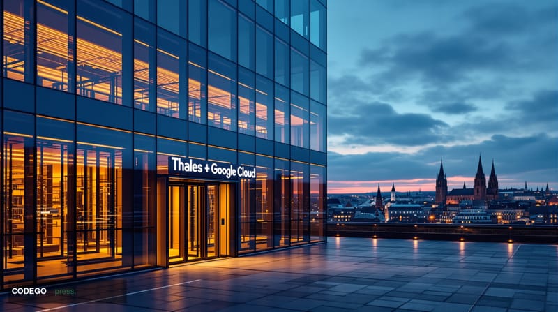 A cinematic editorial photograph showcasing the German sovereign cloud infrastructure partnership between Thales and Google C