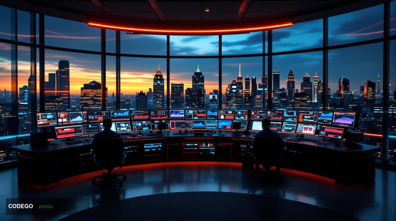 A dramatic photorealistic editorial photograph showing a high-tech cryptocurrency trading floor or blockchain security operat