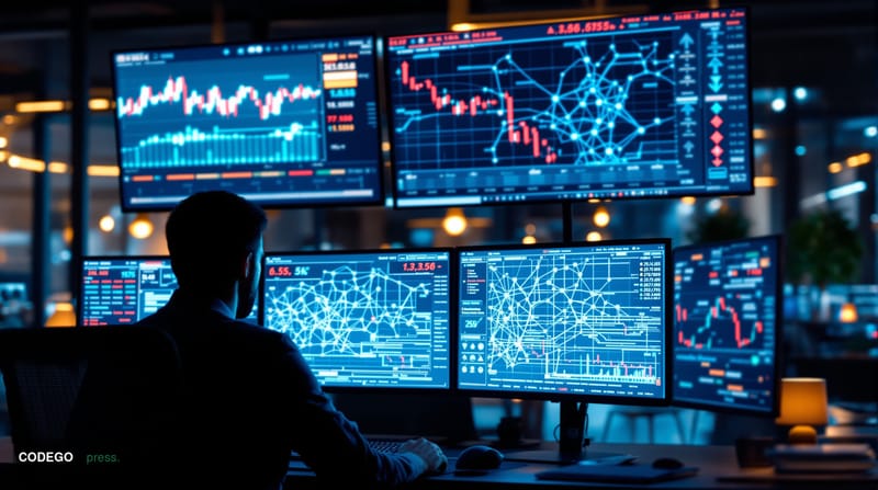 A dramatic photorealistic editorial photograph capturing a sophisticated cryptocurrency trading floor or blockchain monitorin