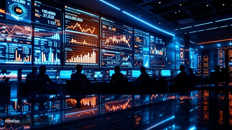 A sleek, modern fintech office environment showcasing real-time transaction data visualization on large wall-mounted displays