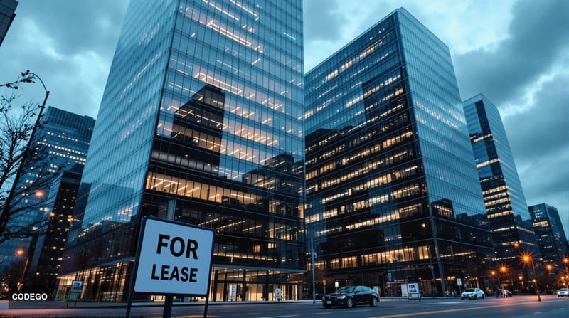 A photorealistic editorial photograph showing empty modern glass office buildings in a tech district, with darkened windows a