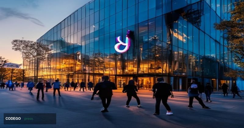 A photorealistic editorial photograph showing TikTok's Los Angeles headquarters building exterior during golden hour, with th