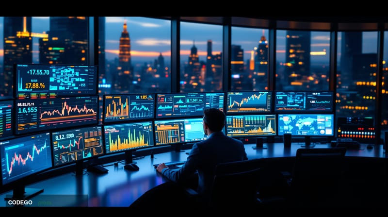 Photorealistic cinematic editorial photograph of a modern fintech trading floor at dusk, shot from an elevated angle. In the 