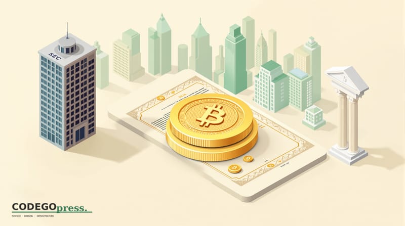 Large golden tokenized bond certificate with blockchain-weave pattern in centre, Grayscale minimalist building silhouette on 