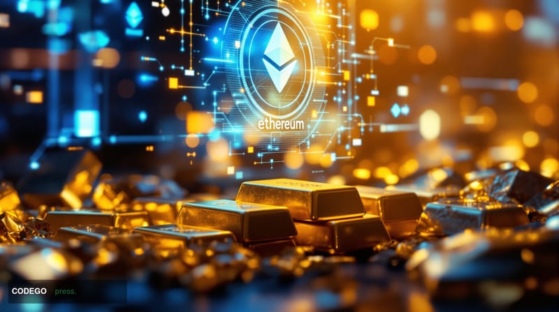 A cinematic editorial photograph capturing the convergence of traditional commodities and blockchain technology. The scene sh