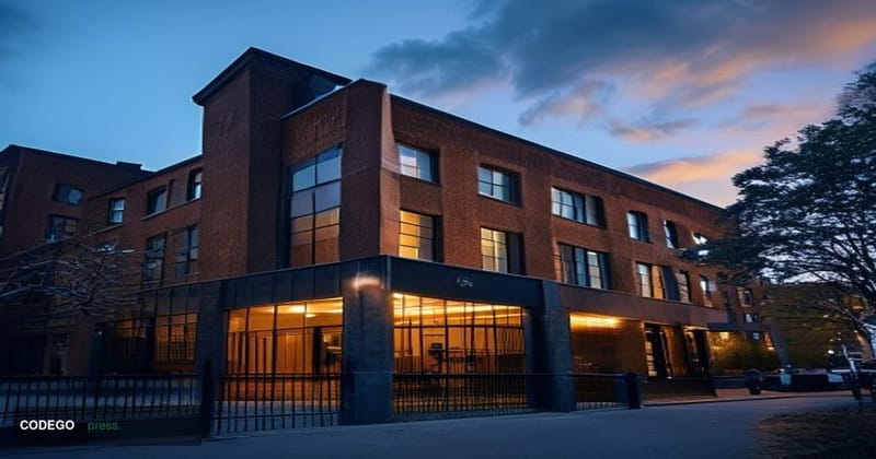 A cinematic editorial photograph capturing the headquarters of the Tor Project in Cambridge, Massachusetts, with the distinct