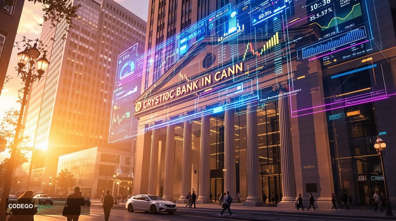 A cinematic editorial photograph showcasing the convergence of traditional and decentralized finance in 2026. The foreground 