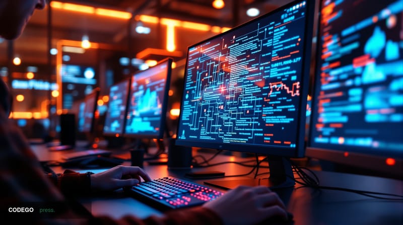 A cinematic editorial photograph of a modern software development office space with multiple monitors displaying code editor 
