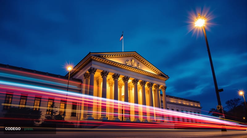 A cinematic editorial photograph of the imposing US Treasury Building in Washington DC at dusk, shot from a low angle to emph