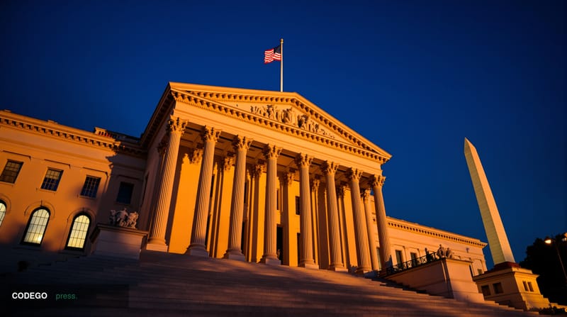 A dramatic cinematic photograph of the imposing neoclassical facade of the US Treasury Building in Washington DC, captured du