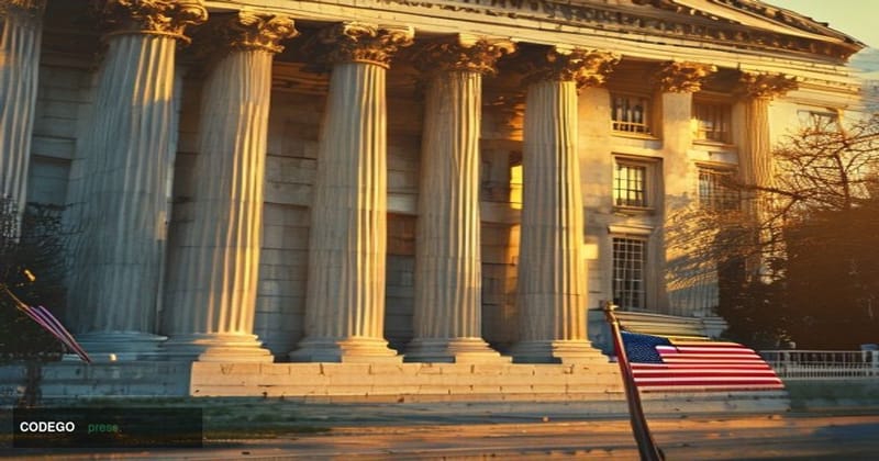 A cinematic editorial photograph capturing the imposing facade of the US Treasury Department building in Washington DC at gol