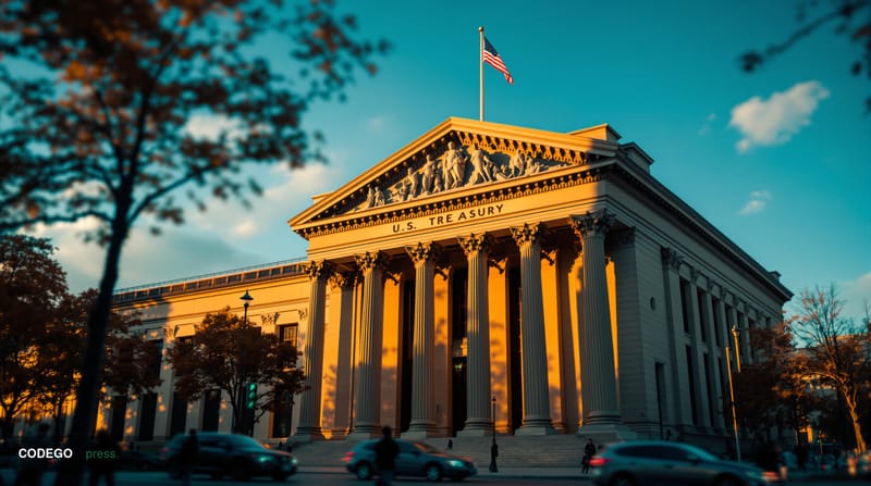 A cinematic editorial photograph of the imposing neoclassical facade of the U.S. Department of Treasury building in Washingto