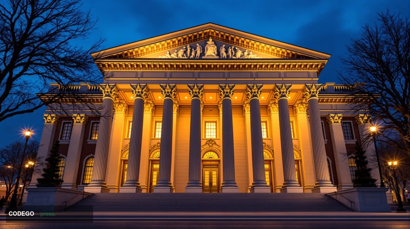 A dramatic photorealistic editorial photograph showing the imposing neoclassical facade of the US Treasury Department buildin