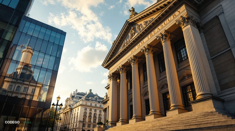 A cinematic editorial photograph capturing the imposing neoclassical facade of HM Treasury building on Whitehall, London, wit