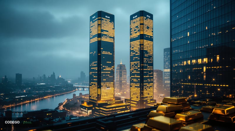 A dramatic photorealistic editorial photograph capturing the financial divide between continents, shot from an elevated angle
