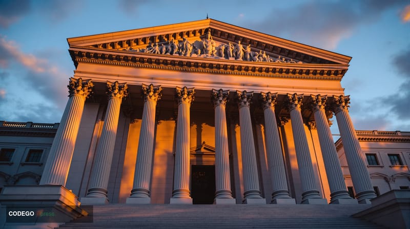 A dramatic editorial photograph showing the imposing neoclassical facade of a major federal government building in Washington