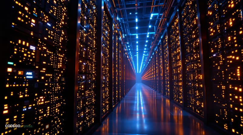 A cinematic editorial photograph of a large-scale cryptocurrency mining facility with rows of ASIC miners humming under drama