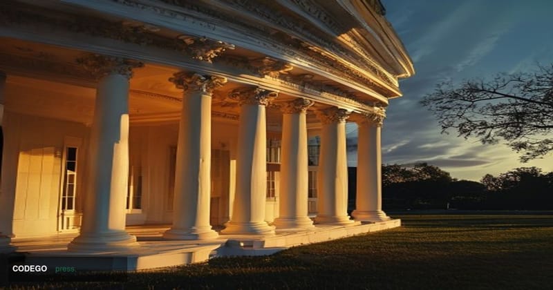 A cinematic editorial photograph of the White House South Portico bathed in dramatic golden hour lighting, with the iconic ne