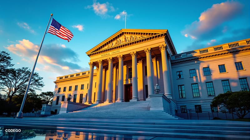 A dramatic editorial photograph capturing the intersection of American political power and cryptocurrency regulation. The sce