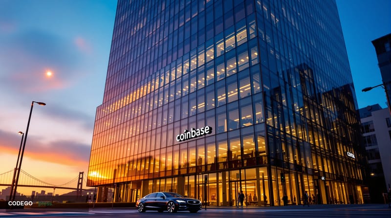 A dramatic editorial photograph showing the distinctive glass facade of Coinbase's San Francisco headquarters in SOMA distric