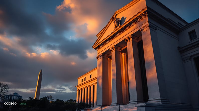 A cinematic editorial photograph capturing the intersection of geopolitics and finance, featuring the imposing neoclassical f
