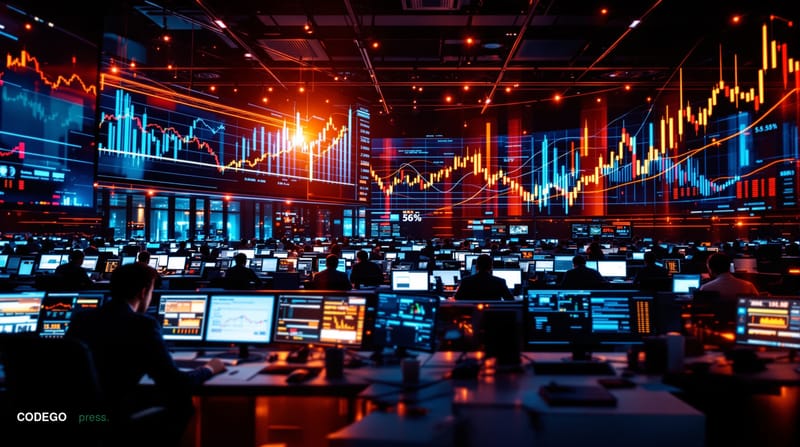 A photorealistic editorial news photograph showing oil trading floor with dramatic tension, featuring multiple screens displa